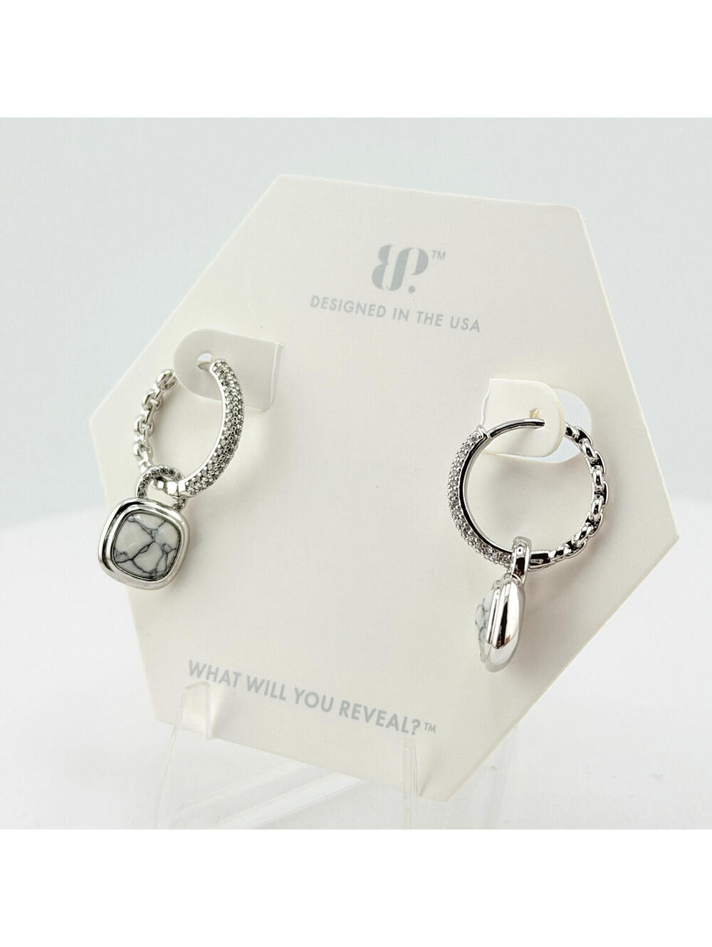 Bomb Party Hoop Dangle Earrings “Bejeweled Babe” Howlite on Rhodium